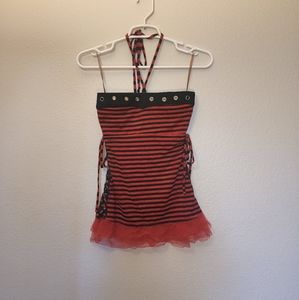 Y2K emo scene | Sweet Love striped halter top | corset tutu  black and red